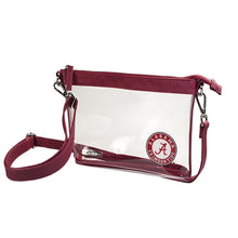 Load image into Gallery viewer, This is a Capri Designs clear bag with a removable strap and burgundy accents with the University of Alabama logo in the corner.  Go Crimson Tide!