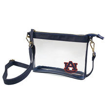 Load image into Gallery viewer, This is a Capri Designs clear bag with a removable strap and navy accents with the Auburn University logo in the corner.  Go Tigers!