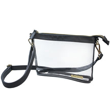 Load image into Gallery viewer, This is a Capri Designs clear stadium bag with a removable strap and black leather accents.