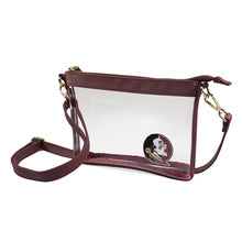 Load image into Gallery viewer, This is a Capri Designs clear bag with a removable strap and burgundy accents with the Florida State University (FSU) logo in the corner.  Go Seminoles!