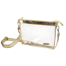 Load image into Gallery viewer, This is a Capri Designs clear stadium bag with a removable strap and gold leather accents.