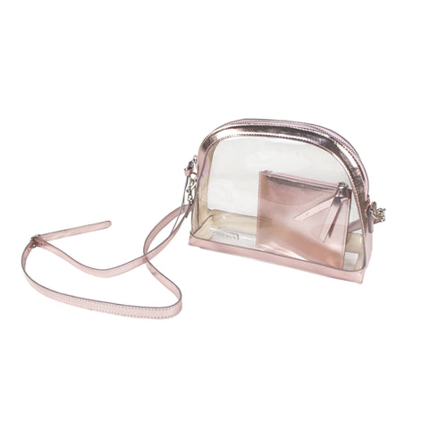 This is a Capri Designs clear half-moon shaped stadium bag with a removable strap and rose gold trim.