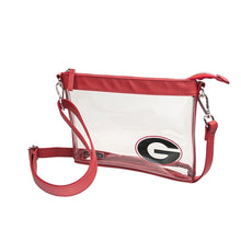 Load image into Gallery viewer, This is a Capri Designs clear bag with a removable strap and red accents with the University of Georgia logo in the corner. Go Bulldogs!