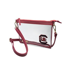 Load image into Gallery viewer, This is a Capri Designs clear bag with a removable strap and burgundy accents with the University of South Carolina (USC) logo in the corner. Go Gamecocks!