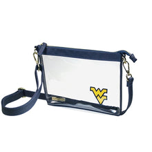 Load image into Gallery viewer, This is a Capri Designs clear bag with a removable strap and navy accents with the West Virginia University (WVU) logo in the corner.  Go Mountaineers!