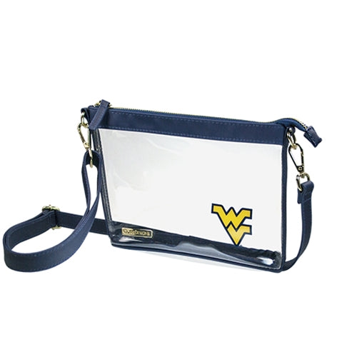 This is a Capri Designs clear bag with a removable strap and navy accents with the West Virginia University (WVU) logo in the corner.  Go Mountaineers!