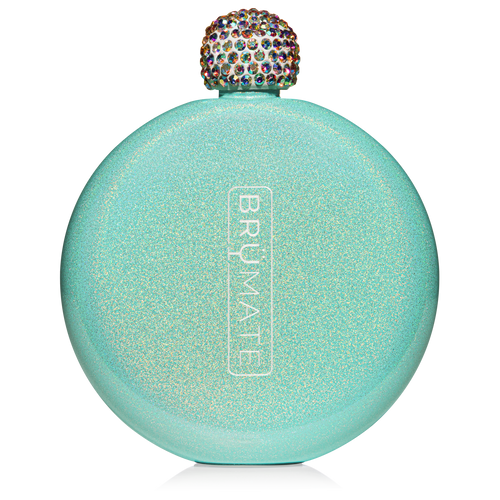 This is a Brumate Glitter Flask in Glitter Aqua, a stainless steel 5 oz flask liquor holder in a shimmery aqua color.