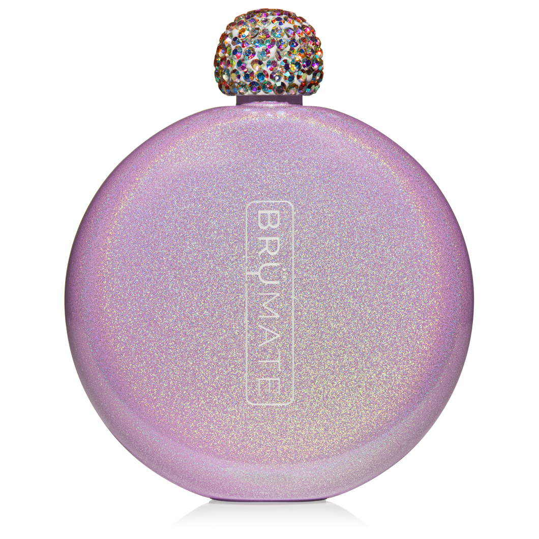 This is a Brumate Glitter Flask in Glitter Violet, a stainless steel 5 oz flask liquor holder in a shimmery light purple color.