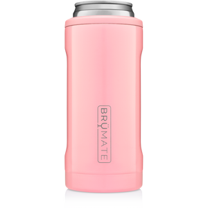 This is a Brumate Hopsulator Slim in Blush color, a stainless steel slim can holder in a beautiful glossy light or baby pink color.