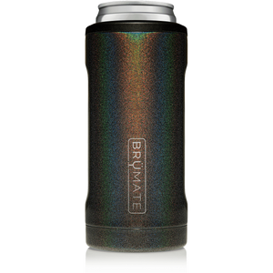 This is a Brumate Hopsulator Slim in Glitter Charcoal , a stainless steel slim can holder in a beautiful shimmery gray grey black color.