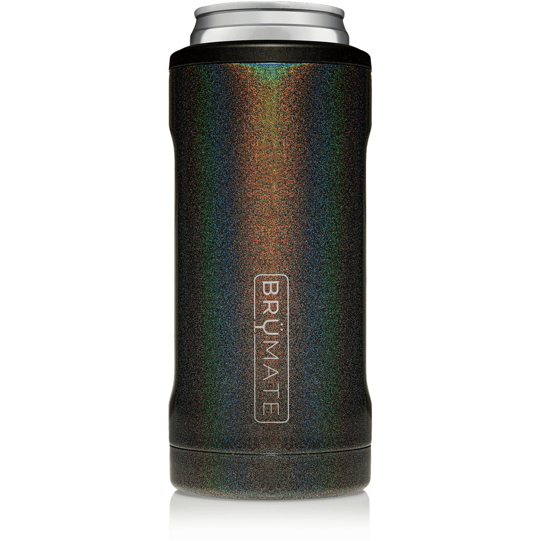 This is a Brumate Hopsulator Slim in Glitter Charcoal , a stainless steel slim can holder in a beautiful shimmery gray grey black color.