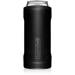 This is a Brumate Hopsulator Slim in Matte Black, a stainless steel slim can holder in a black matte color.