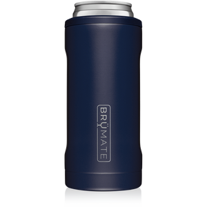 This is a Brumate Hopsulator Slim in Matte Navy color, a stainless steel slim can holder in a navy blue matte color.