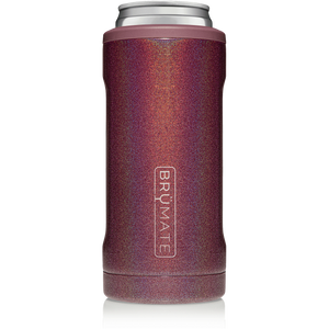 This is a Brumate Hopsulator Slim in Glitter Merlot color, a stainless steel slim can holder in a beautiful shimmery merlot wine color.