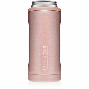 This is a Brumate Hopsulator Slim in Glitter Rose Gold, a stainless steel slim can holder in a beautiful shimmery rose gold color.