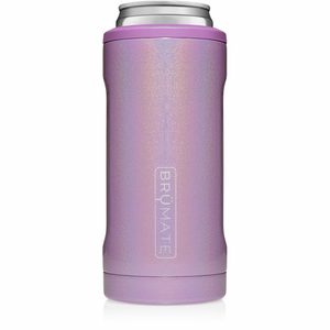 This is a Brumate Hopsulator Slim in Glitter Violet, a stainless steel slim can holder in a beautiful shimmery light or pale purple color.