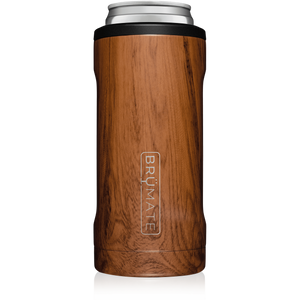 This is a Brumate Hopsulator Slim in Walnut, a stainless steel slim can holder in a masculine woodgrain color.