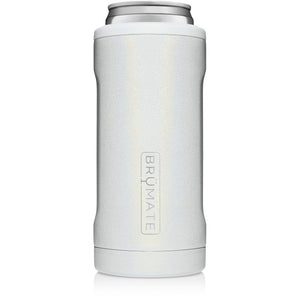 This is a Brumate Hopsulator Slim in Glitter White, a stainless steel slim can holder in a beautiful shimmery bridal white color.