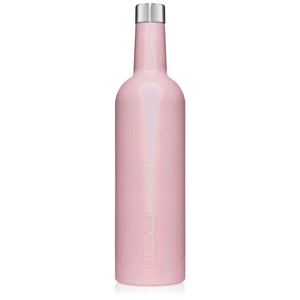 This is a Brumate Winesulator in Glitter Blush a stainless steel 24 oz wine bottle or canteen in a shimmery pale pink color.