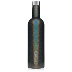 This is a Brumate Winesulator in Glitter Charcoal, a stainless steel 24 oz wine bottle or canteen in a shimmery gray grey black color.