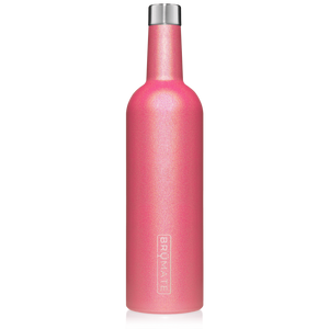 This is a Brumate Winesulator in Glitter Pink, a stainless steel 24 oz wine bottle or canteen in a shimmery bright pink color.