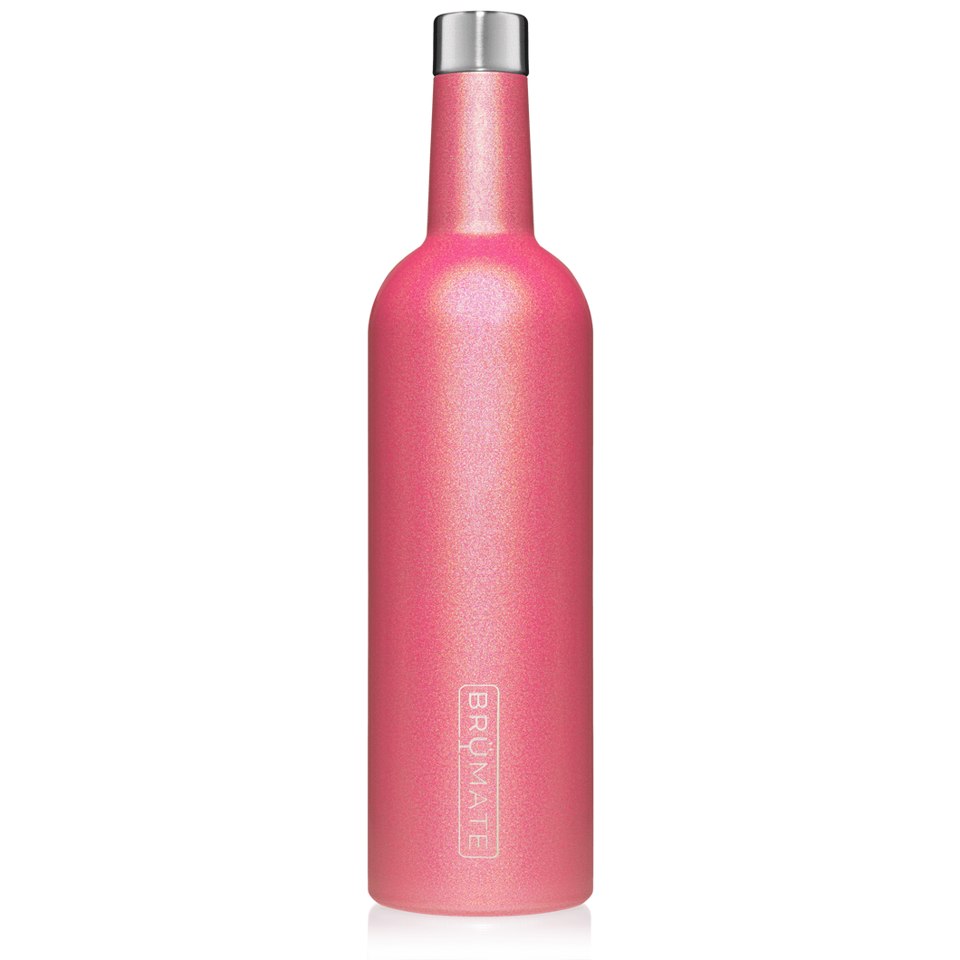 This is a Brumate Winesulator in Glitter Pink, a stainless steel 24 oz wine bottle or canteen in a shimmery bright pink color.