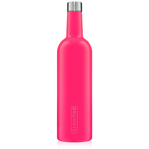 This is a Brumate Winesulator in Neon Pink, a stainless steel 24 oz wine bottle or canteen in a glossy bright pink color.