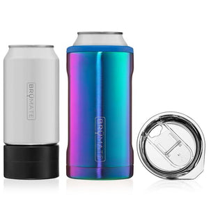 This is a Brumate Hopsulator Trio in Rainbow Titanium, a stainless steel 12 oz and 16 oz can holder with the ability to also be a tumbler in a glossy ombre of shades of purple and blue colors.