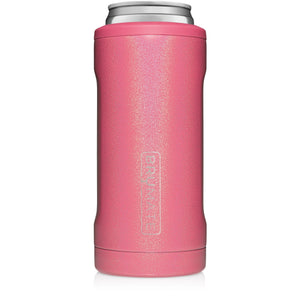 This is a Brumate Hopsulator Slim in Glitter Pink, a stainless steel slim can holder in a beautiful shimmery bright pink color.