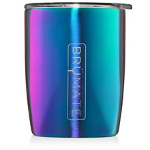 Load image into Gallery viewer, This is a Brumate Rocks Glass in Rainbow Titanium, a 12 oz stainless lowball tumbler in a glossy ombre of shades of purple and blue colors.