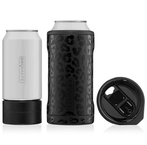 This is a Brumate Hopsulator Trio in Onyx Leopard, a stainless steel 12 oz and 16 oz can holder with the ability to also be a tumbler in a matte black color with raised glossy leopard spots all over it.
