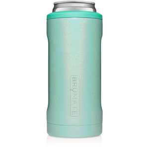 This is a Brumate Hopsulator Slim in Glitter Aqua, a stainless steel slim can holder in a beautiful shimmery aqua color.