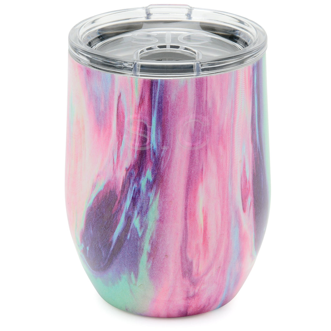 This is a SIC 16 oz stainless steel wine tumbler in Cotton Candy, a beautiful swirl of shades of pink, mint and blue.