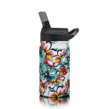 Load image into Gallery viewer, This is a Lil&#39; SIC 12 oz tumbler in Hawaiian Hibiscus, a white tumbler covered in beautiful hibiscus floral in shades of teal, red, and yellow. It has a great flip-top sports lid that kids love.