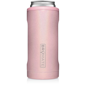 This is a Brumate Hopsulator Slim in Glitter Blush, a stainless steel slim can holder in a beautiful shimmery pale baby pink color.