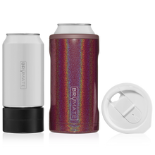 Load image into Gallery viewer, This is a Brumate Hopsulator Trio in Glitter Merlot, a stainless steel 12 oz and 16 oz can holder with the ability to also be a tumbler in a shimmery wine color.