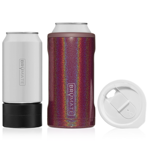 This is a Brumate Hopsulator Trio in Glitter Merlot, a stainless steel 12 oz and 16 oz can holder with the ability to also be a tumbler in a shimmery wine color.