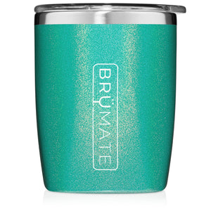 This is a Brumate Rocks Glass in Glitter Peacock, a 12 oz stainless lowball tumbler in a shimmery teal color.