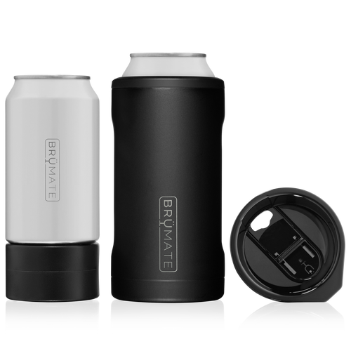 This is a Brumate Hopsulator Trio in Matte Black, a stainless steel 12 oz and 16 oz can holder with the ability to also be a tumbler in a black matte color.