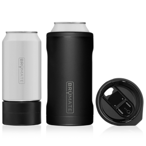 This is a Brumate Hopsulator Trio in Matte Black, a stainless steel 12 oz and 16 oz can holder with the ability to also be a tumbler in a black matte color.