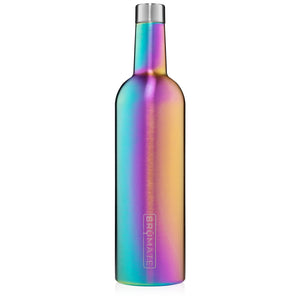 This is a Brumate Winesulator in Rainbow Titanium, a stainless steel 24 oz wine bottle or canteen in a glossy rainbow ombre color.
