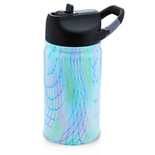 Load image into Gallery viewer, This is a Lil&#39; SIC 12 oz tumbler in Mermaid. It has a great flip-top sports lid that kids love.  The mermaid color is a light blue with pastel colors in the design of a mermaid&#39;s tail.